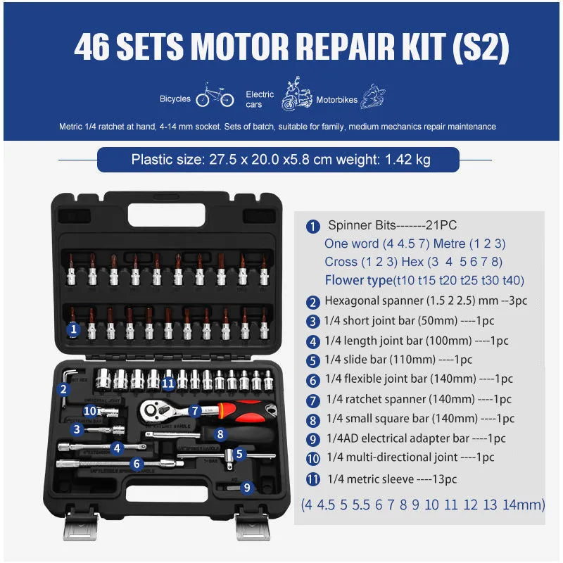 46-piece nickel-plated socket ratchet wrench set with Cr-v chromium vanadium steel construction