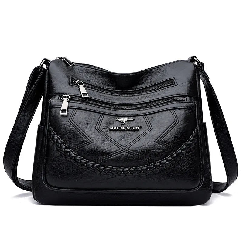 Soft PU leather shoulder bag in horizontal square shape with large capacity and zippered compartments