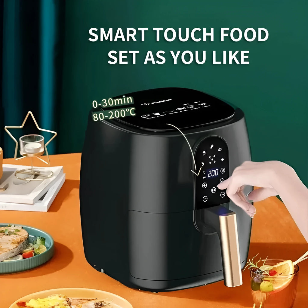 Home Fashion black air fryer with touch screen panel, 6L capacity, on countertop