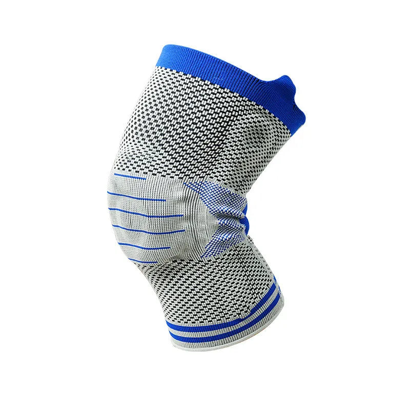Cotton knee pads with silicone massage and spring bar shock absorber in black and blue colour combination.