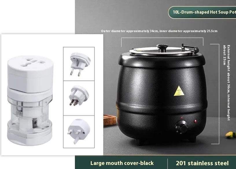Black stainless steel electric insulation pot with steel cover, 10L capacity for soups and porridge.