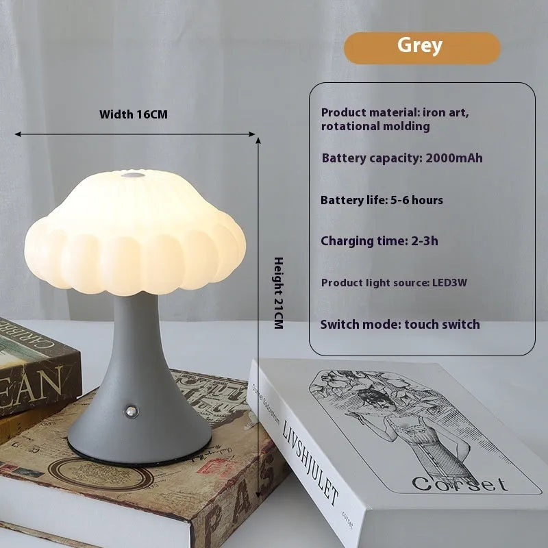 Mushroom-shaped USB rechargeable night lamp with touch control in wood grain finish