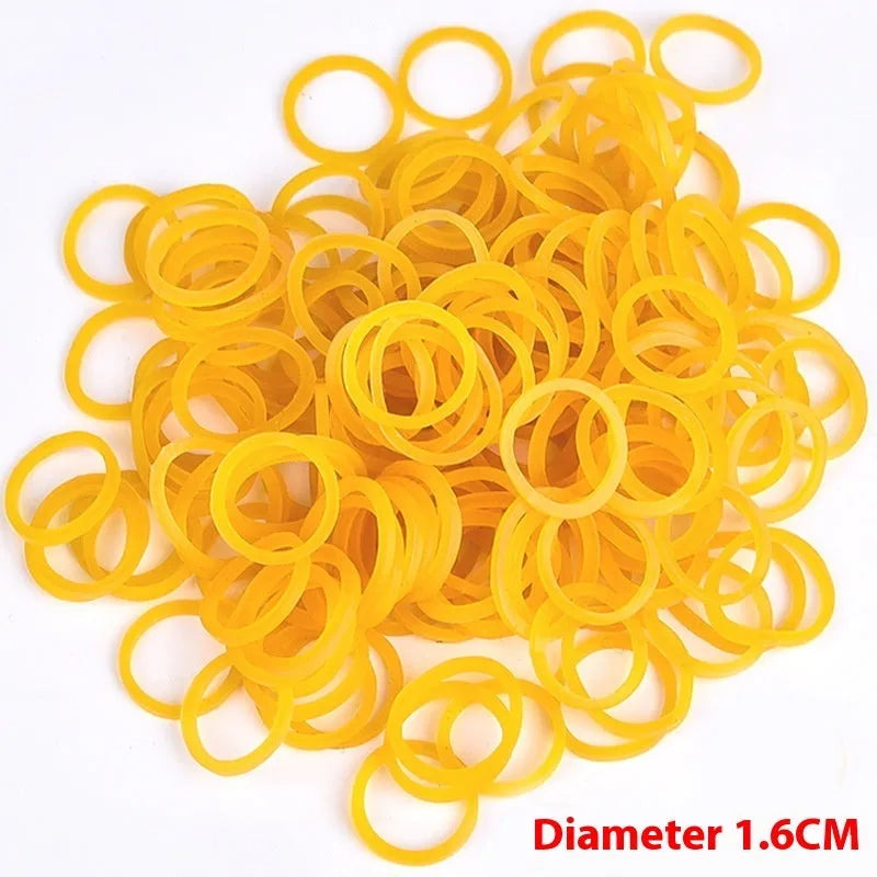 500g pack of assorted yellow rubber bands in sizes from 16mm to 70mm diameter