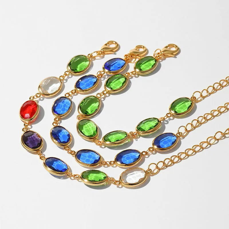 Women's geometric bracelet with blue glass inlay on a copper band.