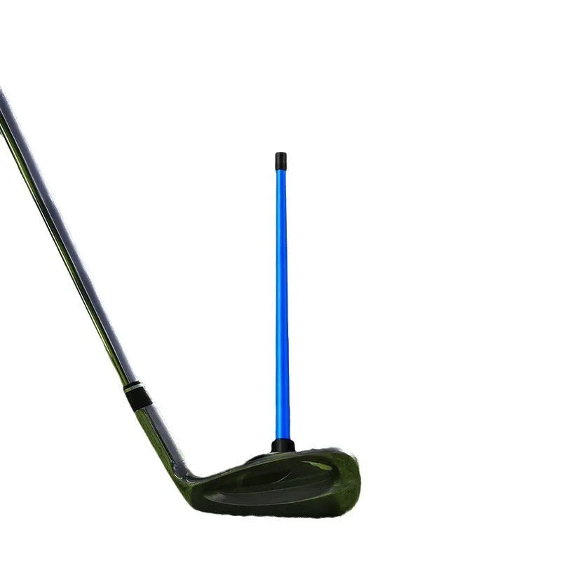 Blue aluminium alloy golf swing trainer with magnetic baseball bar for alignment.