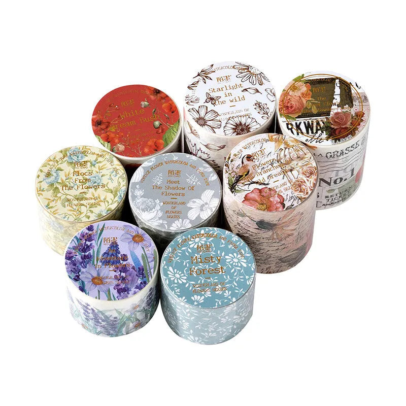 Roll of vintage floral watercolour decorative paper tape with Japanese paper base, showing 2m length.