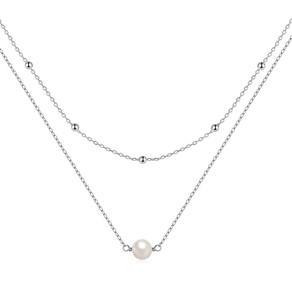 S925 sterling silver double layer women's necklace with twin pearls on geometric ball bead chain in gold colour
