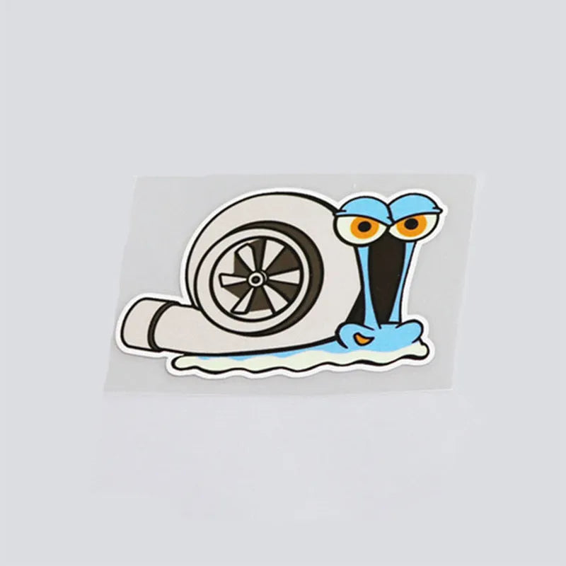 White reflective car sticker with a cartoon snail design, measuring 12 by 8 cm.
