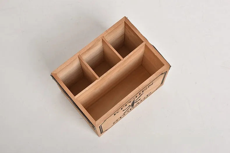 Wooden kitchen storage box with grid divider for knives forks and chopsticks