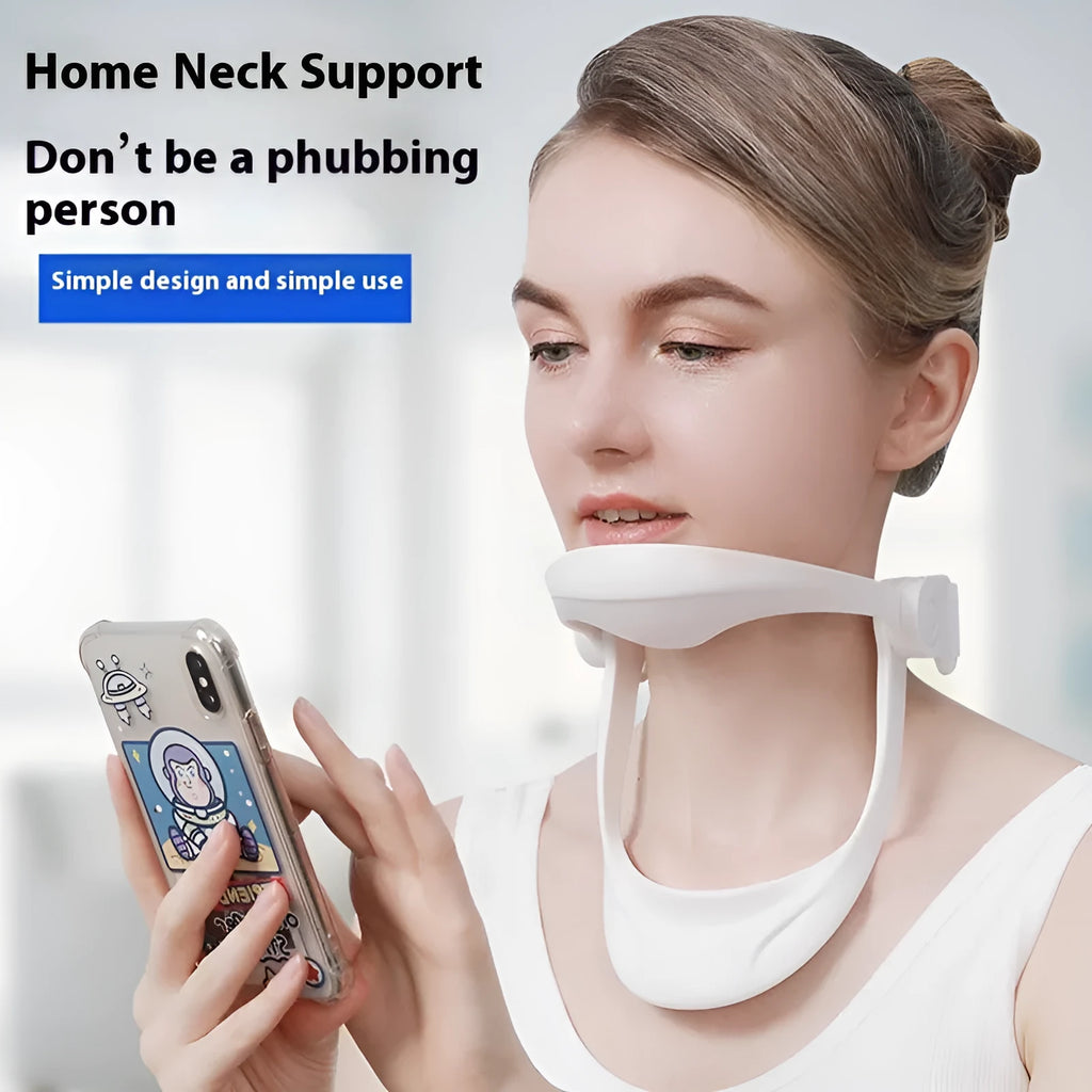 White PP plastic neck and shoulder support brace for posture correction on a grey background.