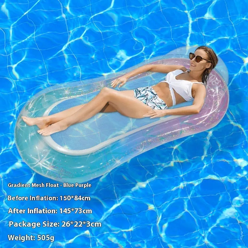 PVC inflatable floating row pool lounge in gradient sequin blue-purple wave design with canopy