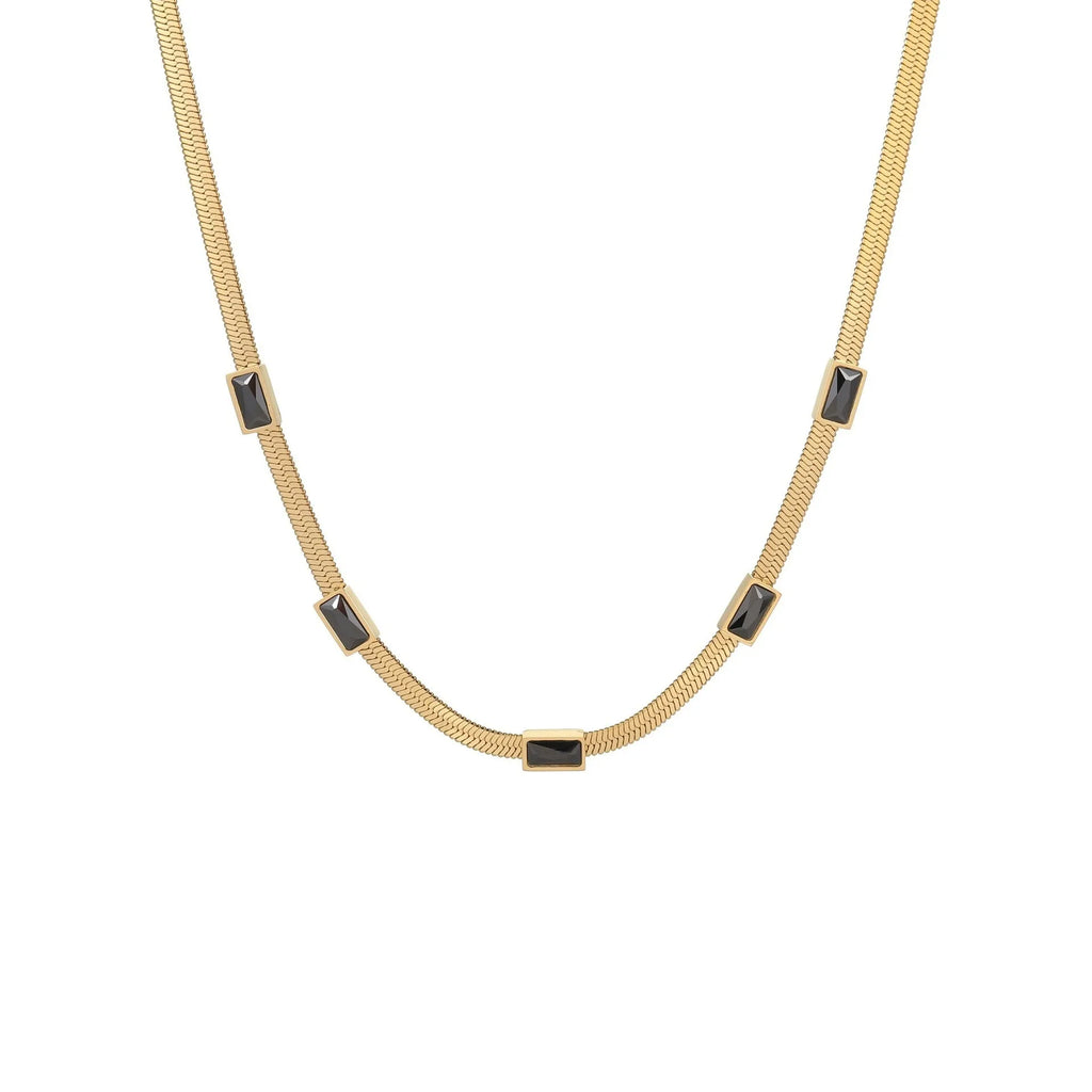 Geometric square zircon retro necklace with stainless steel flat snake chain and 18K gold plating