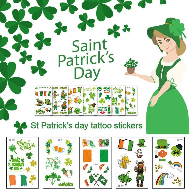 Children's temporary tattoo sticker with Irish festival clover design measuring 120 × 75mm