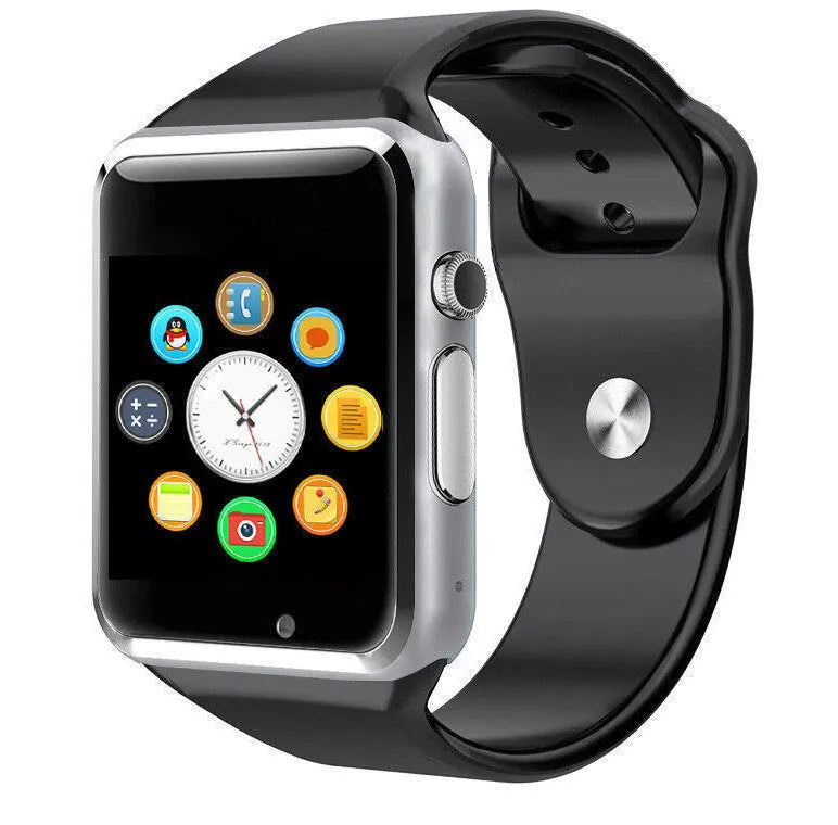 Android smart watch with 1.54-inch screen showing interface, available in black, silver, white, gold, pink, red, green and blue colours.