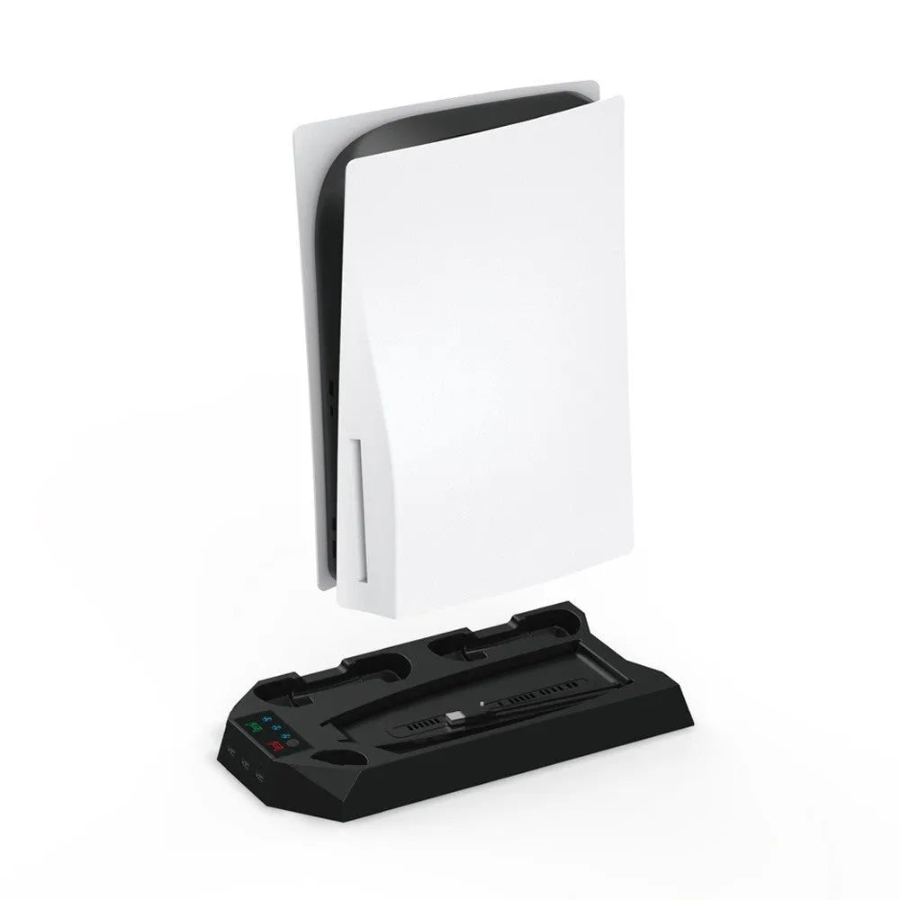 Black PS5 charging and cooling stand holding a console, controller, and headset.