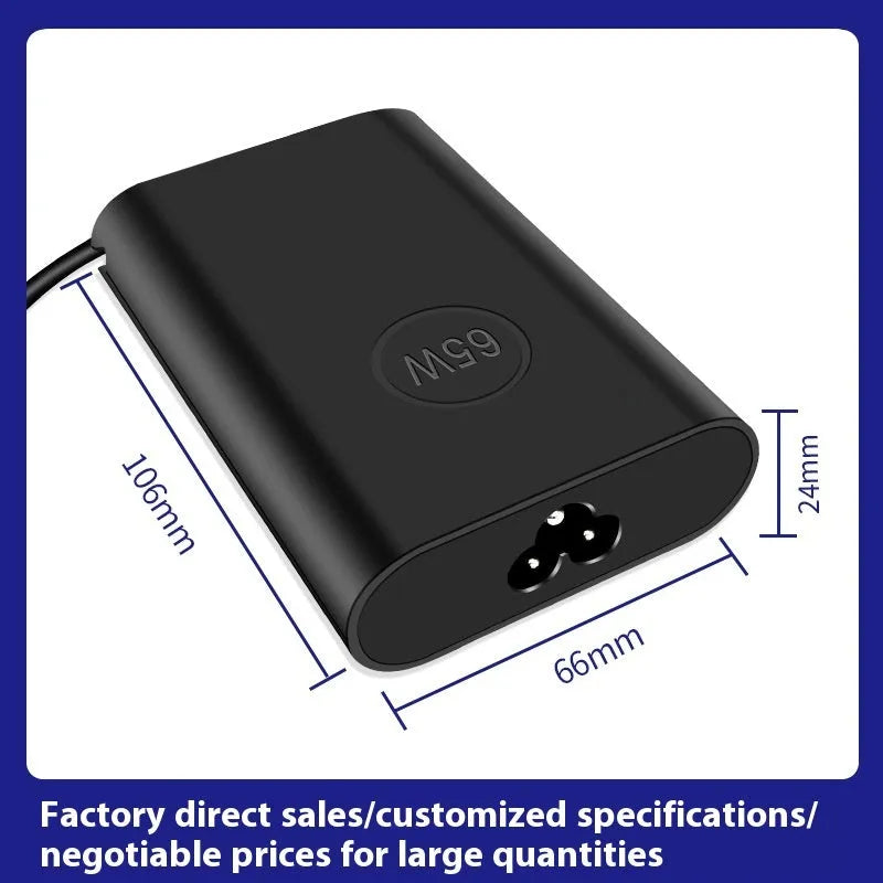 Black 65W USB-C laptop power adapter with six international travel plug cords.