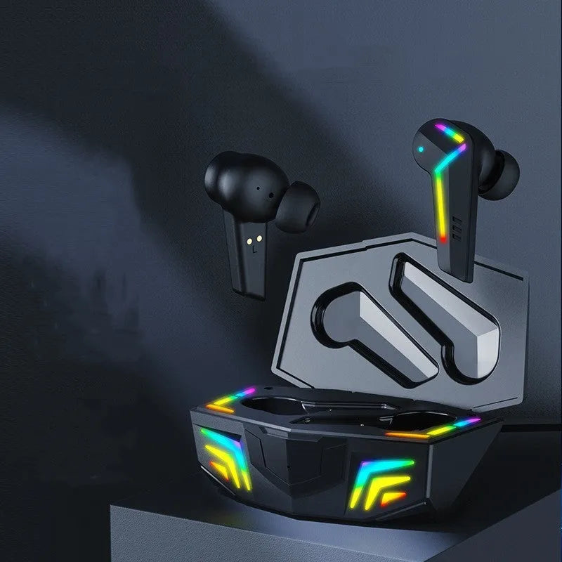 Black wireless TWS earbuds with earplug-style design for sports and gaming use