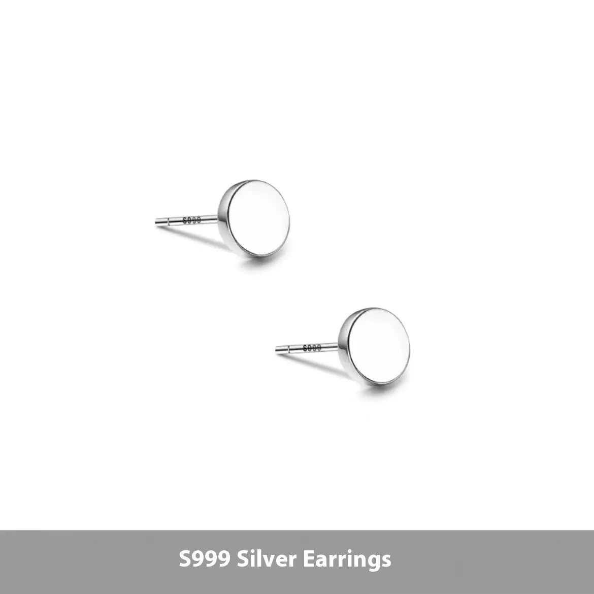 A pair of S999 sterling silver round flat stud earrings on a plain background, showing silver and black colour options.