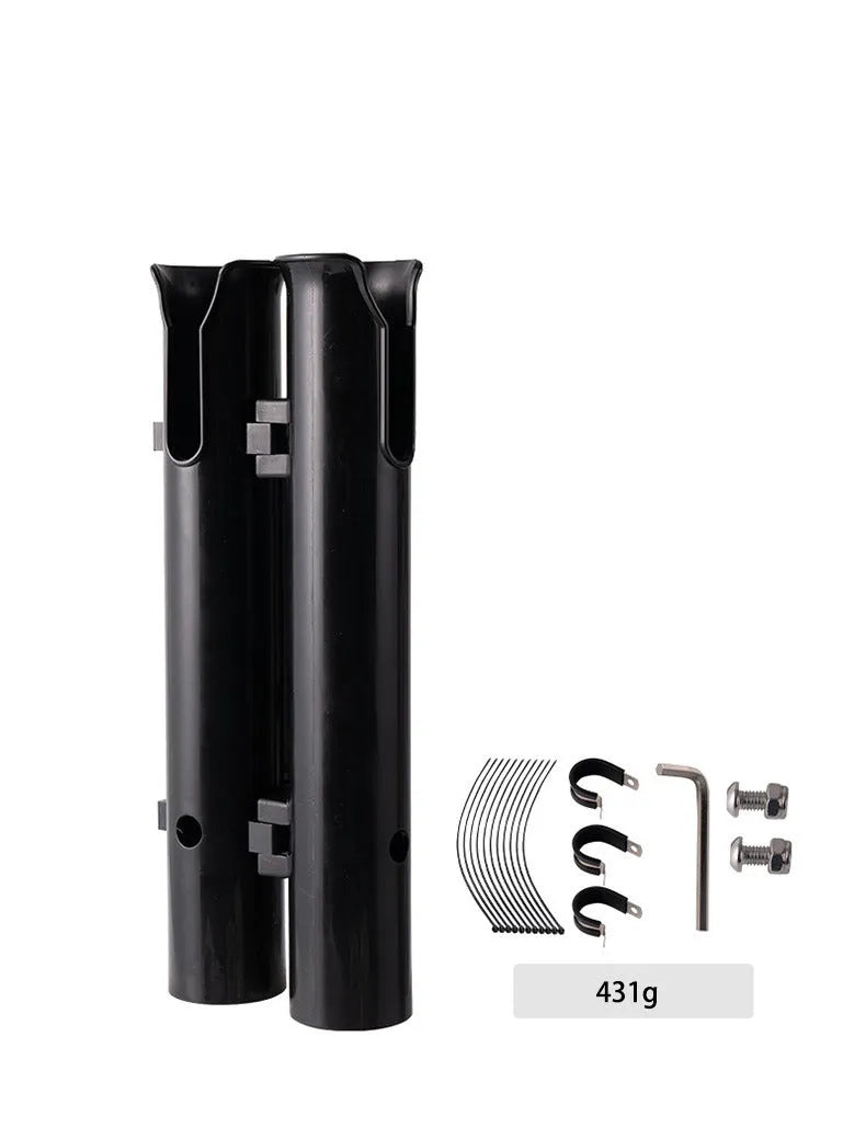 Plastic fishing rod rack with double-layer frame for mounting to bicycle or motorcycle handlebars.