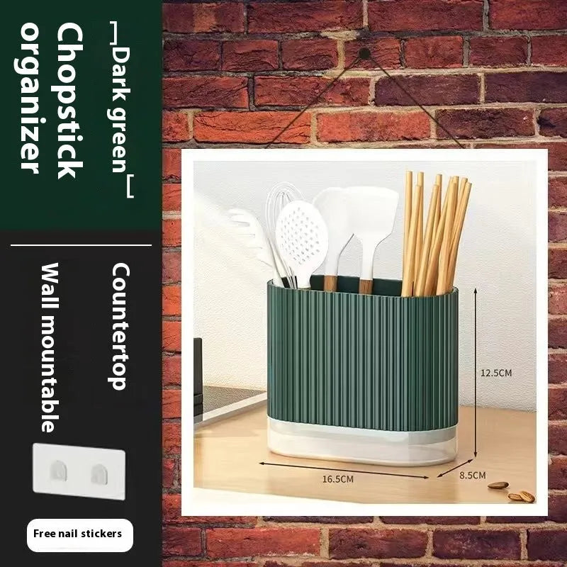 Modern plastic wall-mounted chopsticks and spoon holder in beige, dark green, or orange.