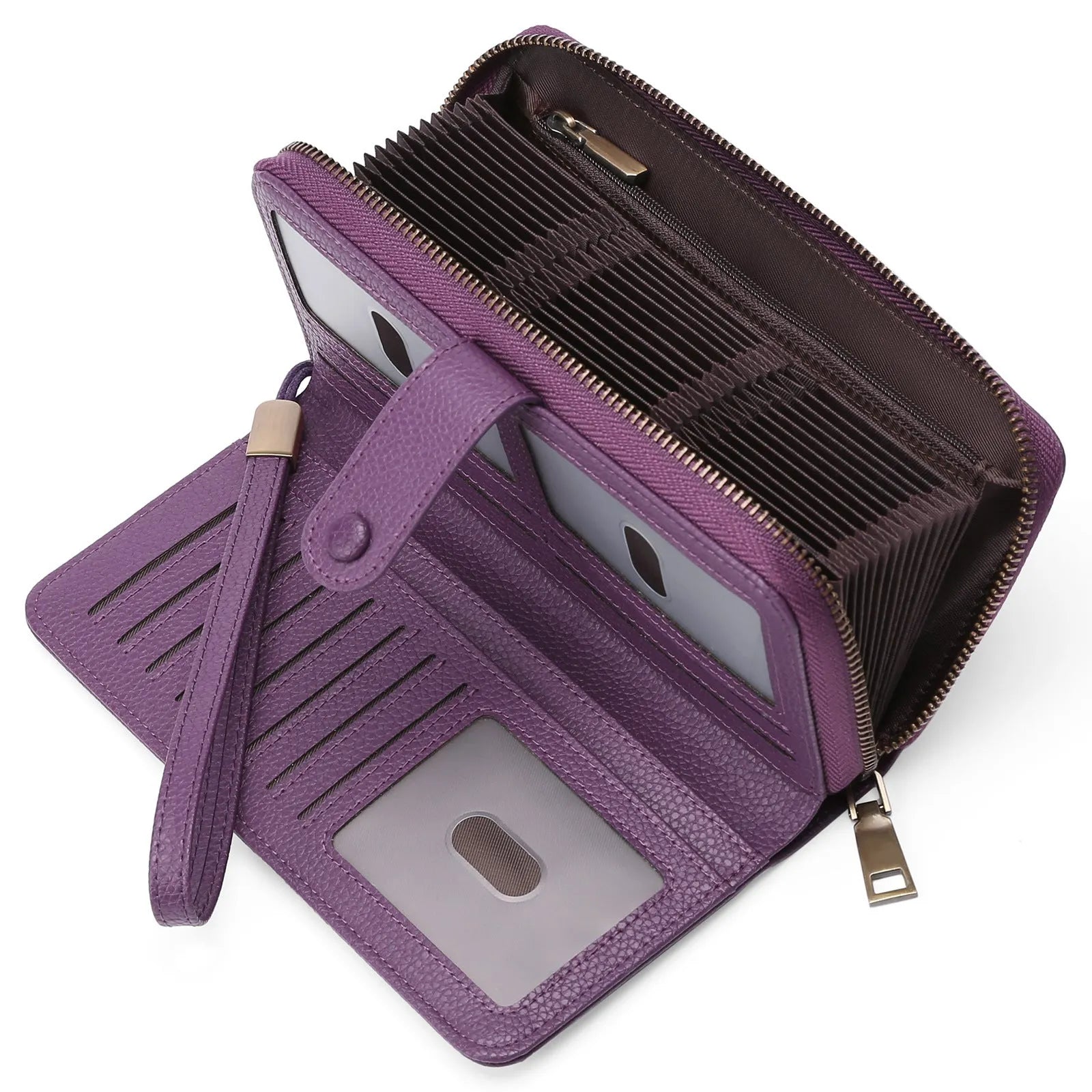 Women's expanding long wallet in denim blue showing card slots and passport pocket with anti-theft swiping feature