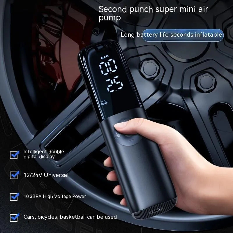 Black portable electric car air pump with tyre pressure gauge and power plug