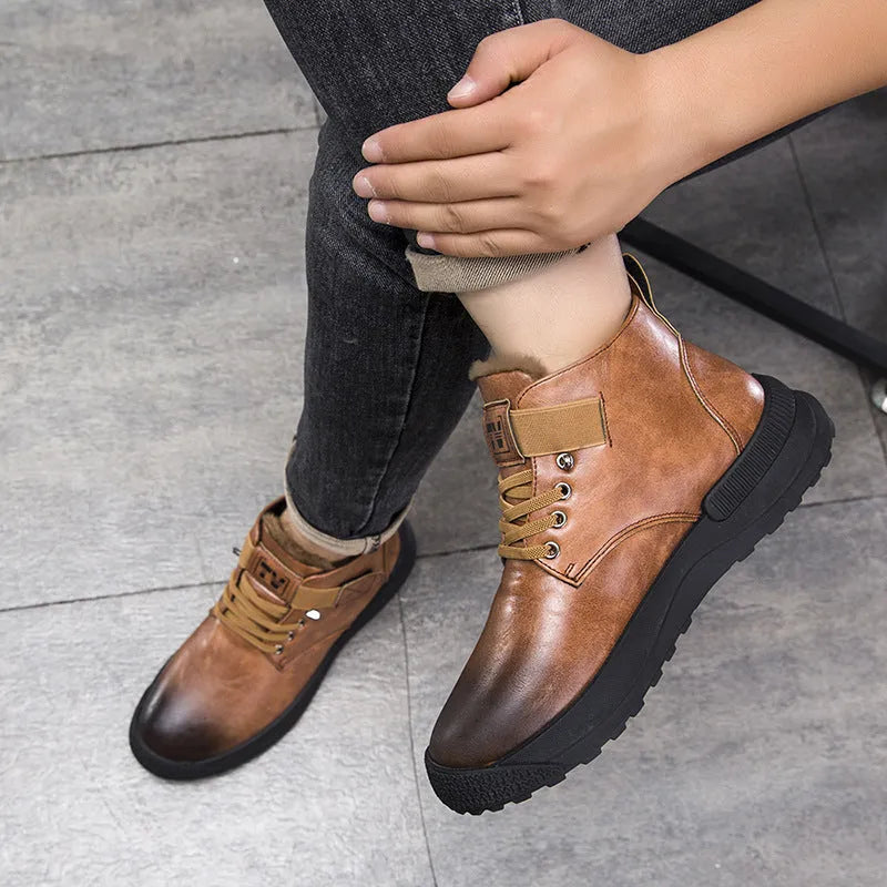 Black high-top Martin platform boots with a velvet PU upper and thick rubber sole.