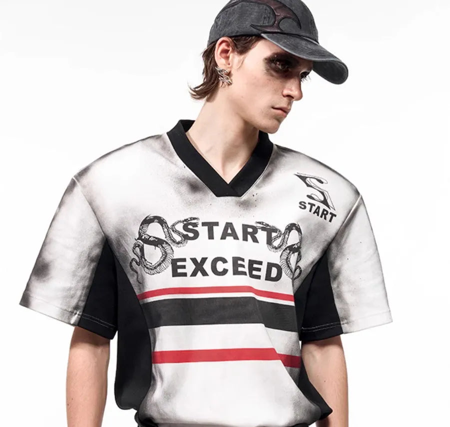 Women's V-neck short sleeve top with printed letter snake pattern and padded shoulders in Korean style.