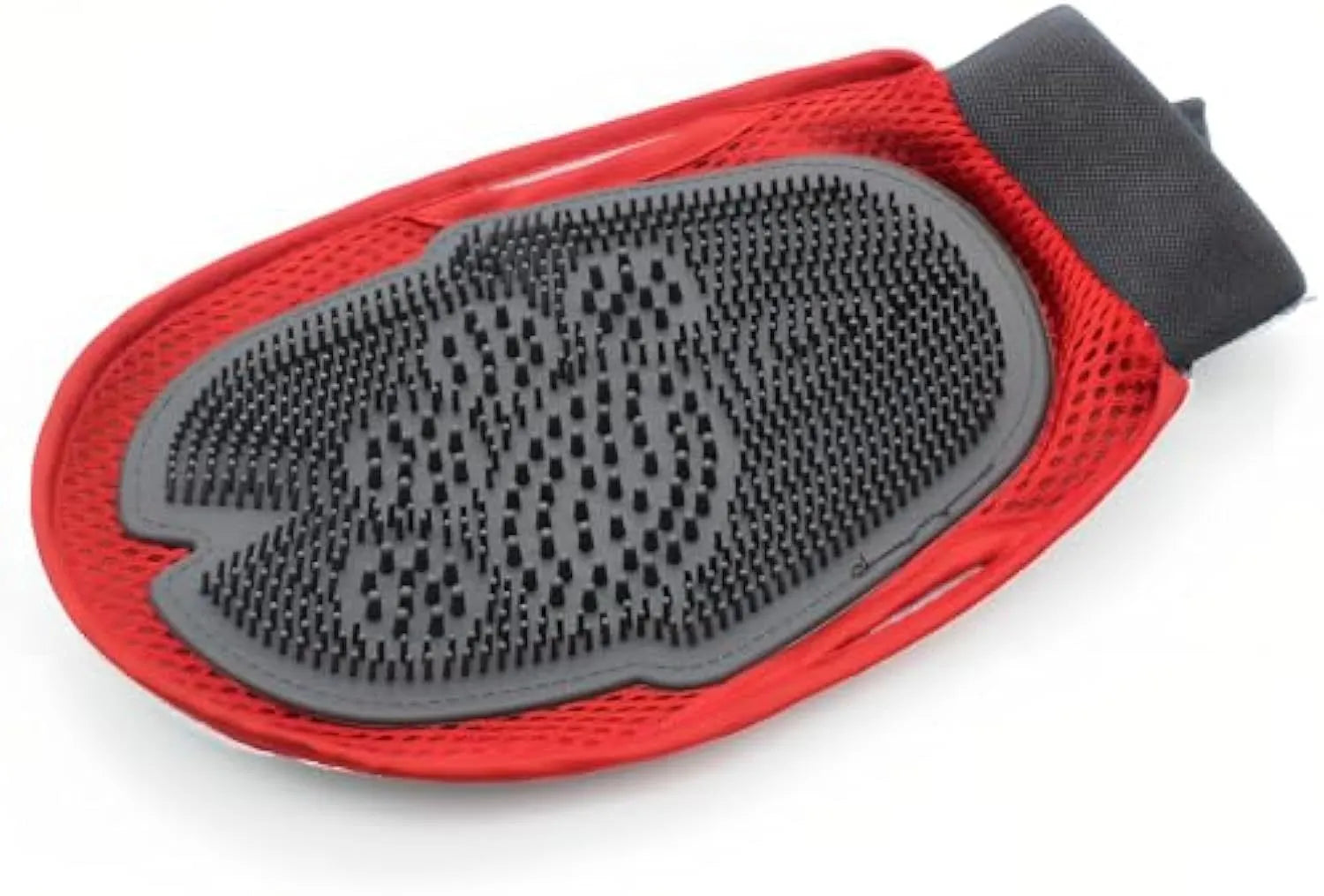 Red pet bathing glove with integrated brush for grooming and hair removal