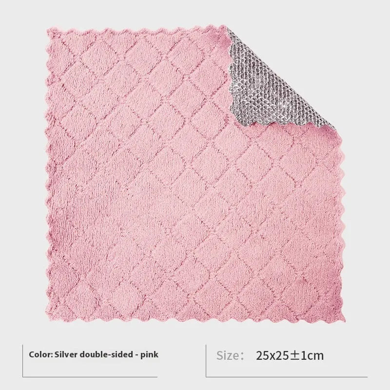 Microfiber kitchen cleaning cloth for pots and bowls in silver wire or composite construction