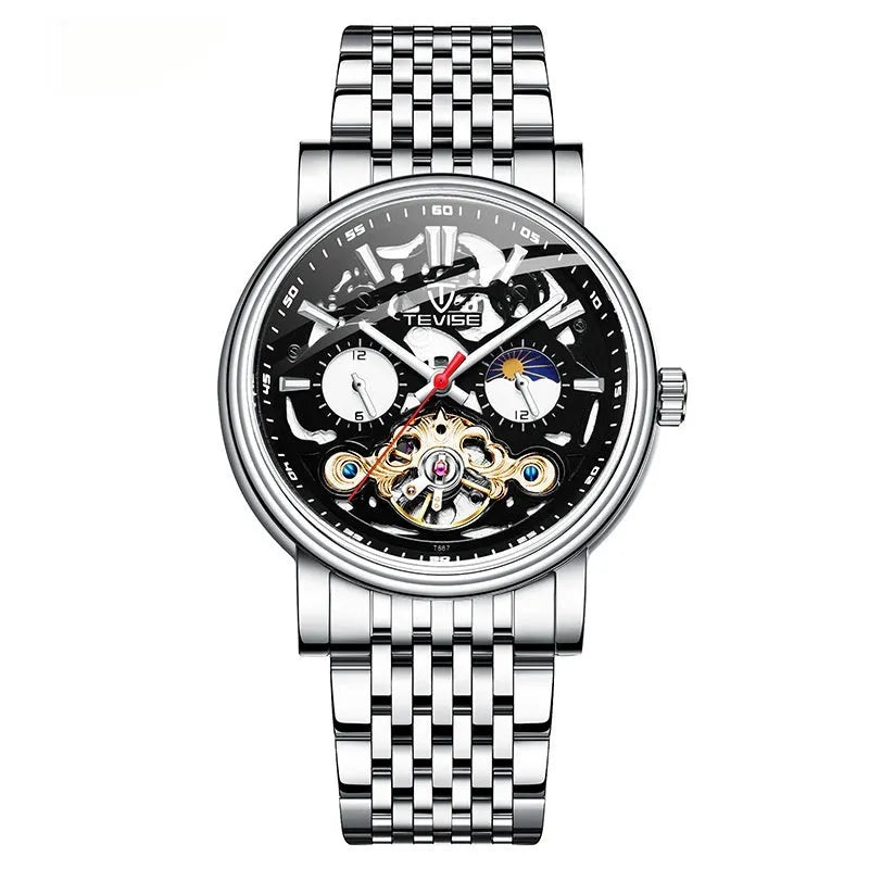 Men's tourbillon mechanical watch with luminous hands and waterproof casual design