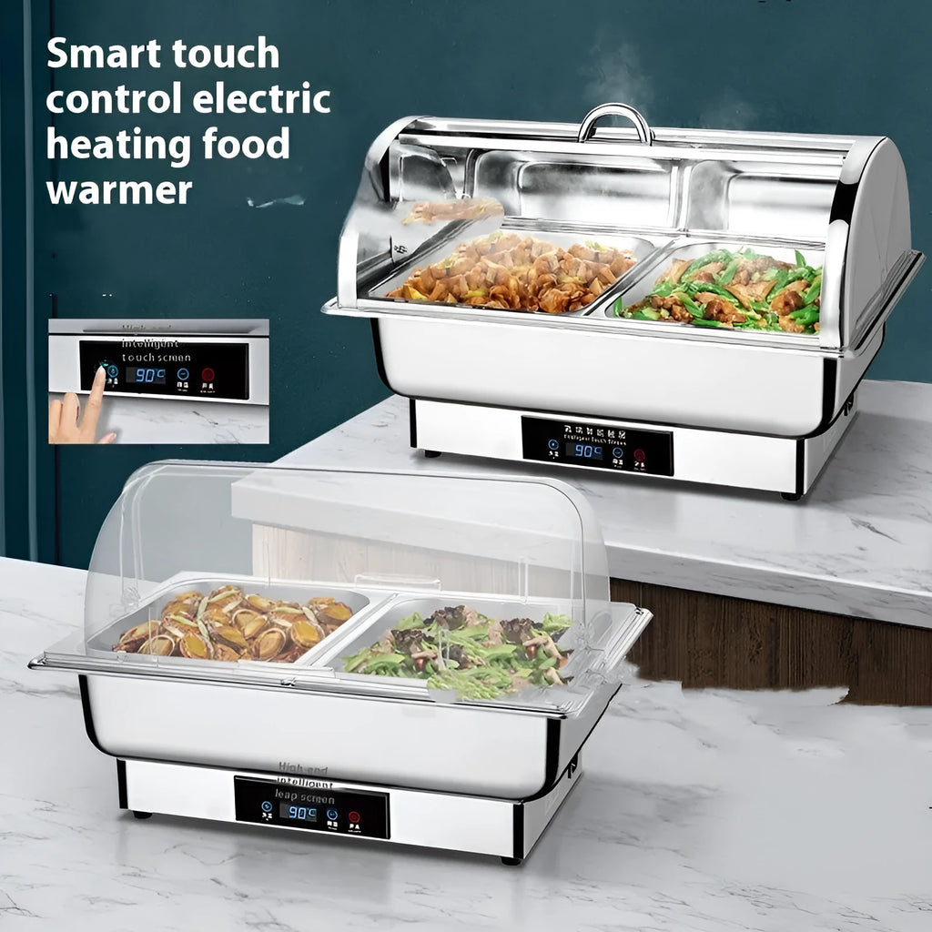 Stainless steel electric buffet stove with transparent flip-top lid and LCD temperature control display