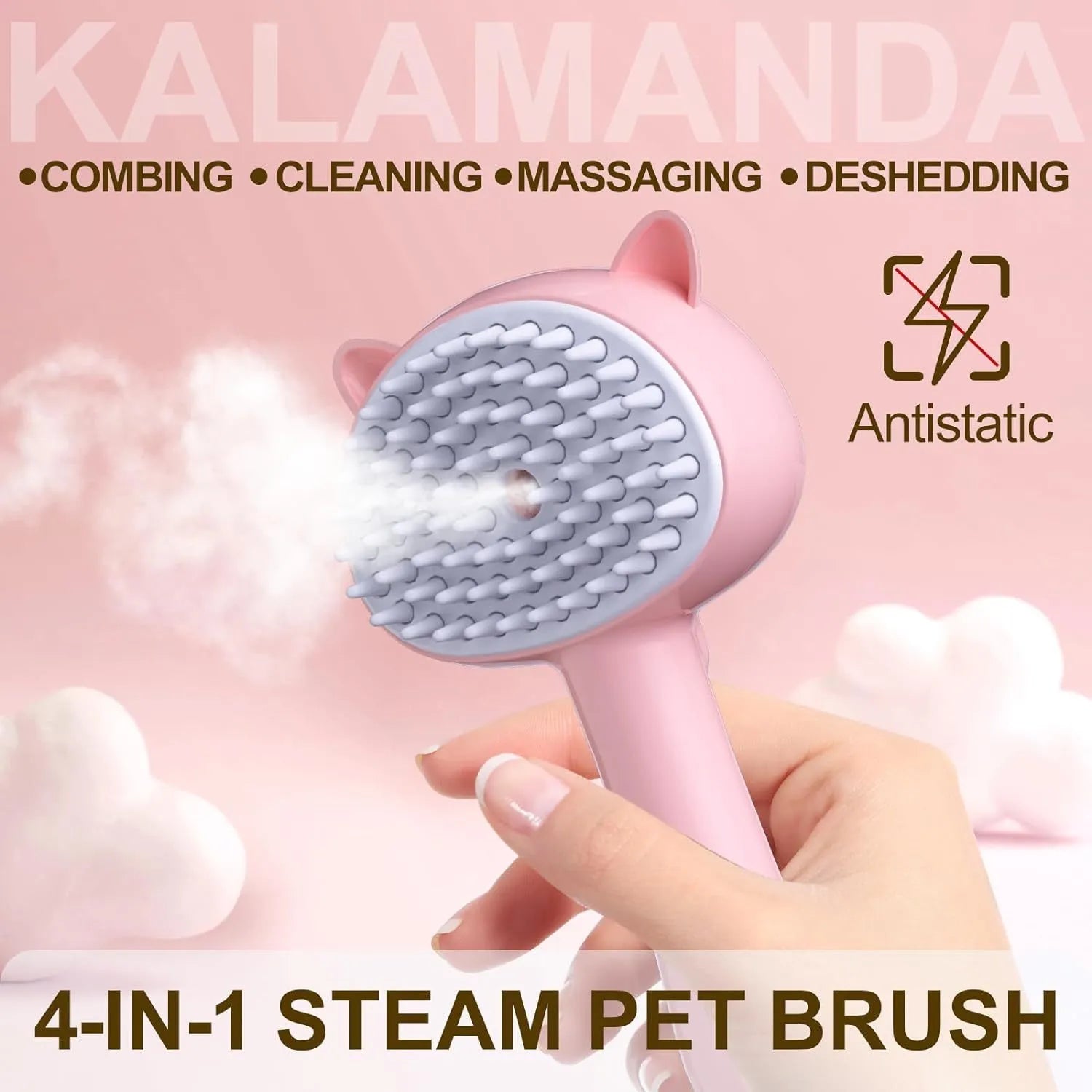 Blue cat steam brush with rubber bristles and release button for pet grooming