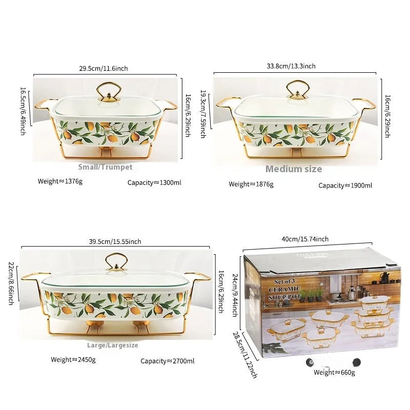 Ceramic rectangular hot pot set with binaural handles, porcelain body, electroplated finish, lemon pattern, in gift box