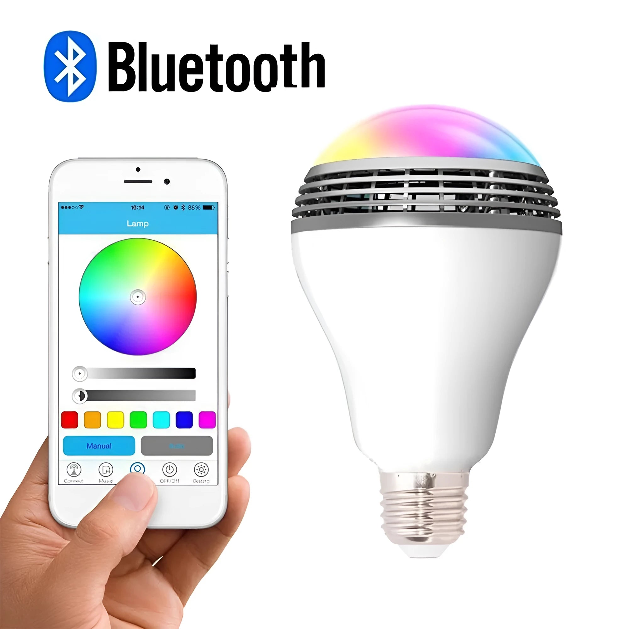 Smart Bluetooth speaker E27 bulb light with RGB+W colour changing and dimmable control