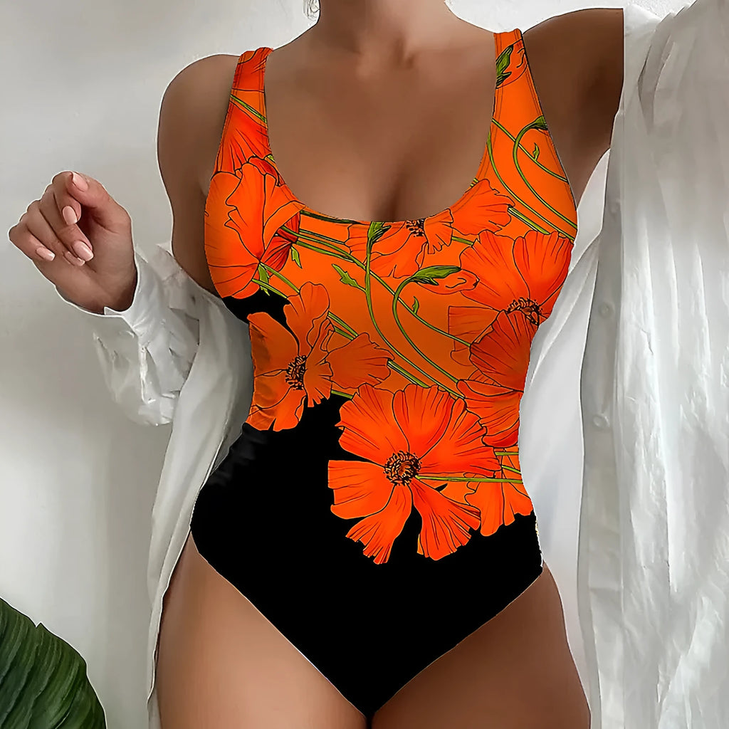 Orange floral print backless one-piece swimsuit on a hanger