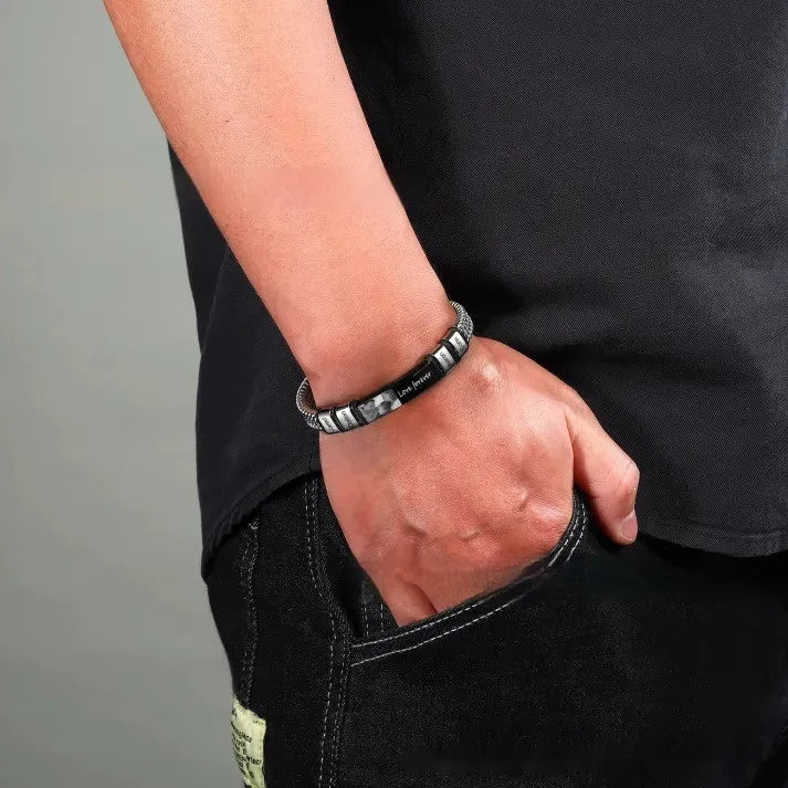Men's titanium steel and leather rope lettering bracelet with heart-shaped beads