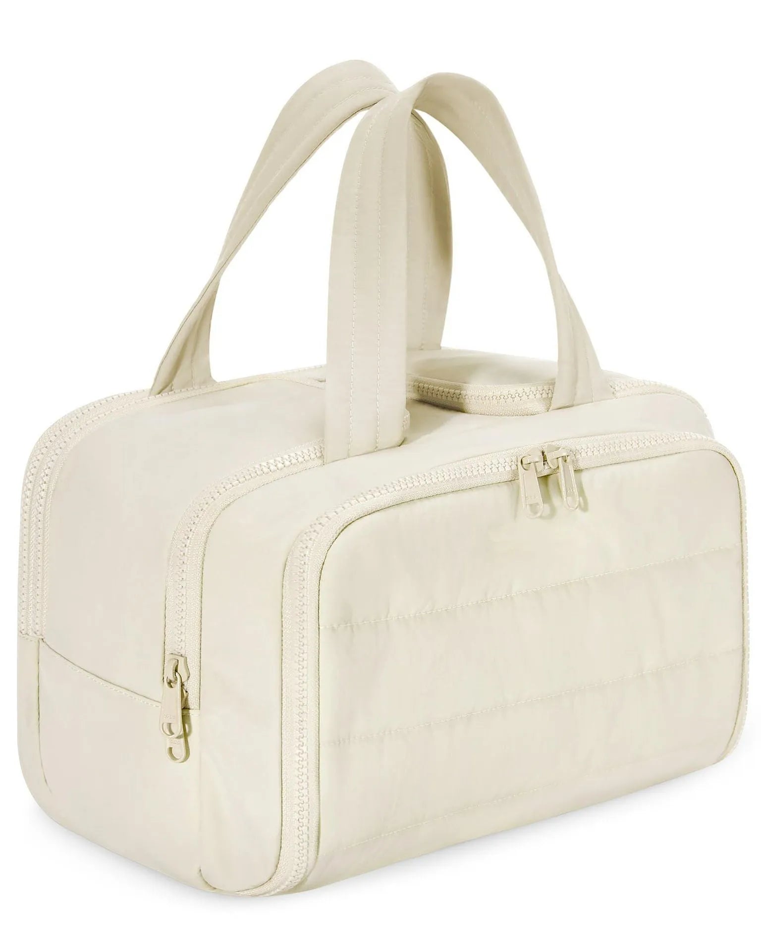 Large open-top travel toiletry bag in black polyester with fluffy texture, showing ample storage space.