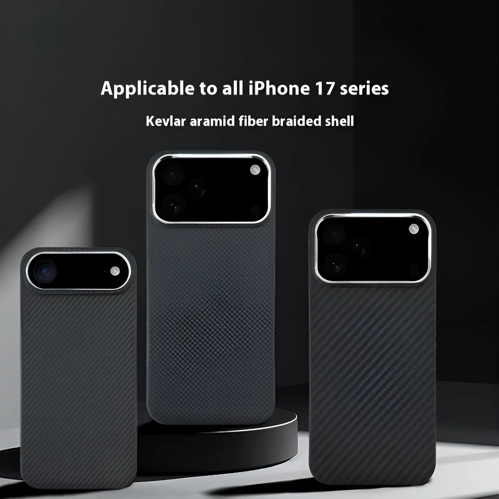 Black aramid fibre magnetic phone case with 6D micro relief lattice pattern for Apple iPhone 17 series