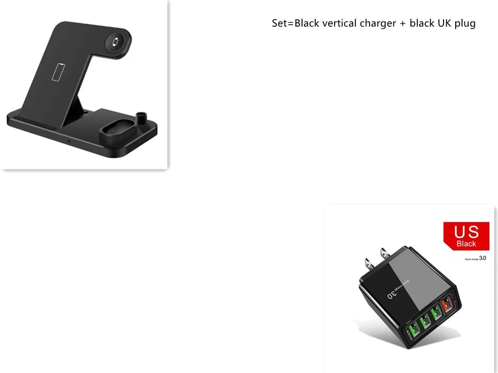 4-in-1 wireless charging station showing iPhone, Apple Watch, AirPods and Apple Pencil charging simultaneously on adjustable stand
