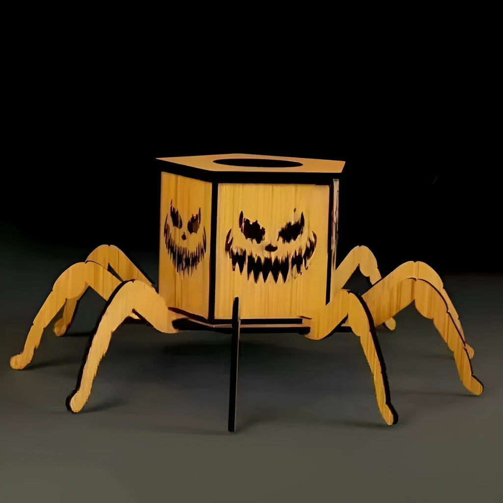 Wooden spider lantern candlestick Halloween decoration measuring 21x8.5cm