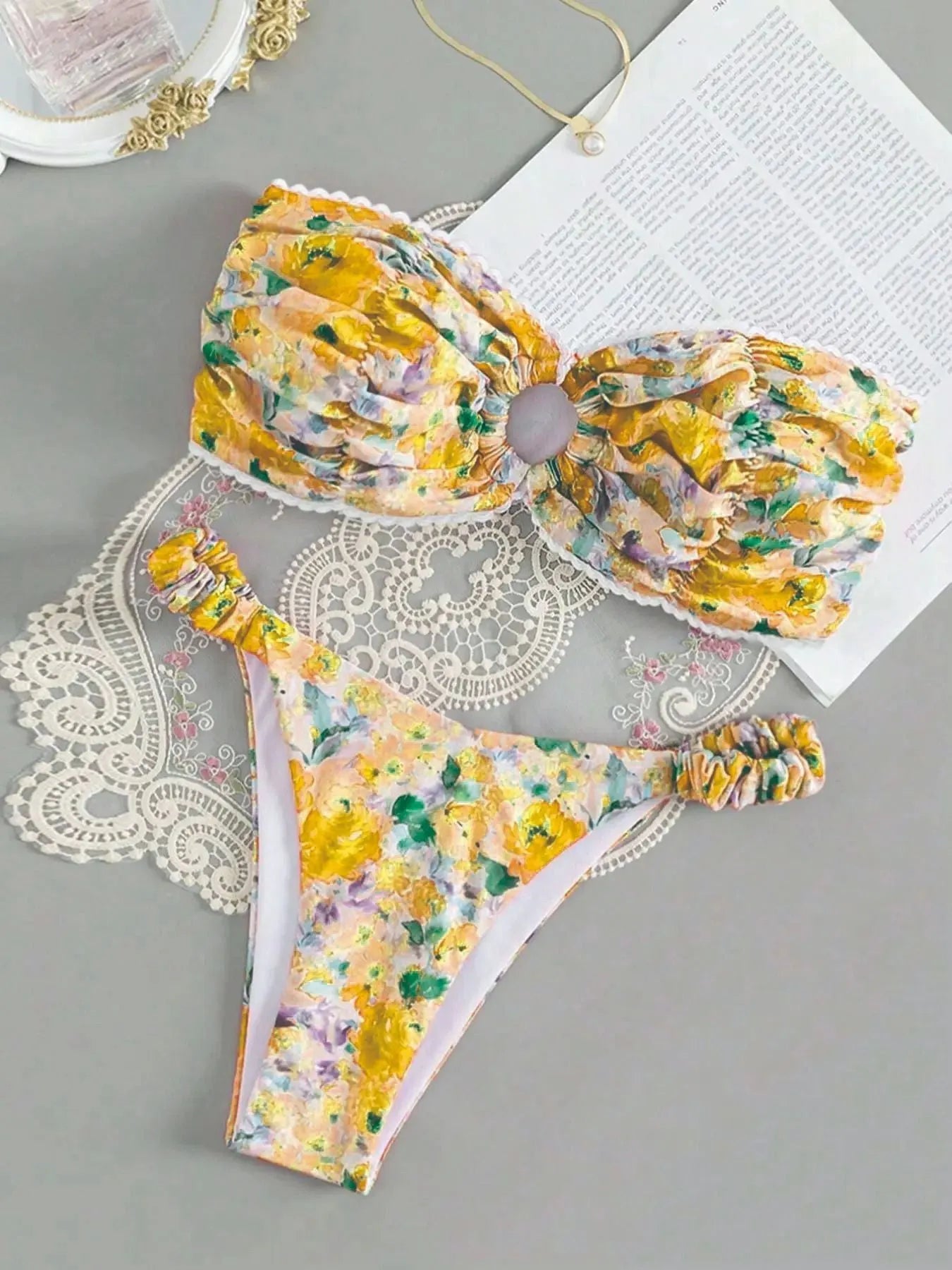 Women's floral print tube top bikini set with lace trim in blue colour