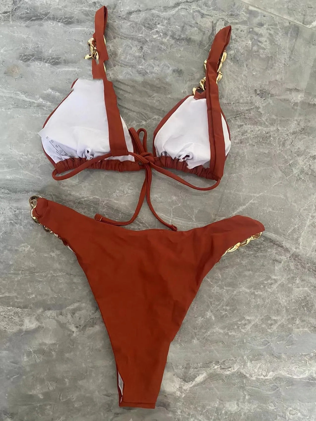 Brown tube top split bikini swimsuit with ring-tether detailing and push-up design