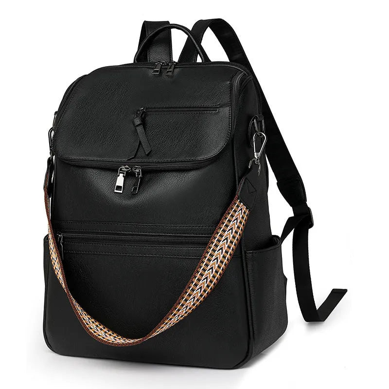 Retro college backpack in black with curved shoulder straps and stitching details