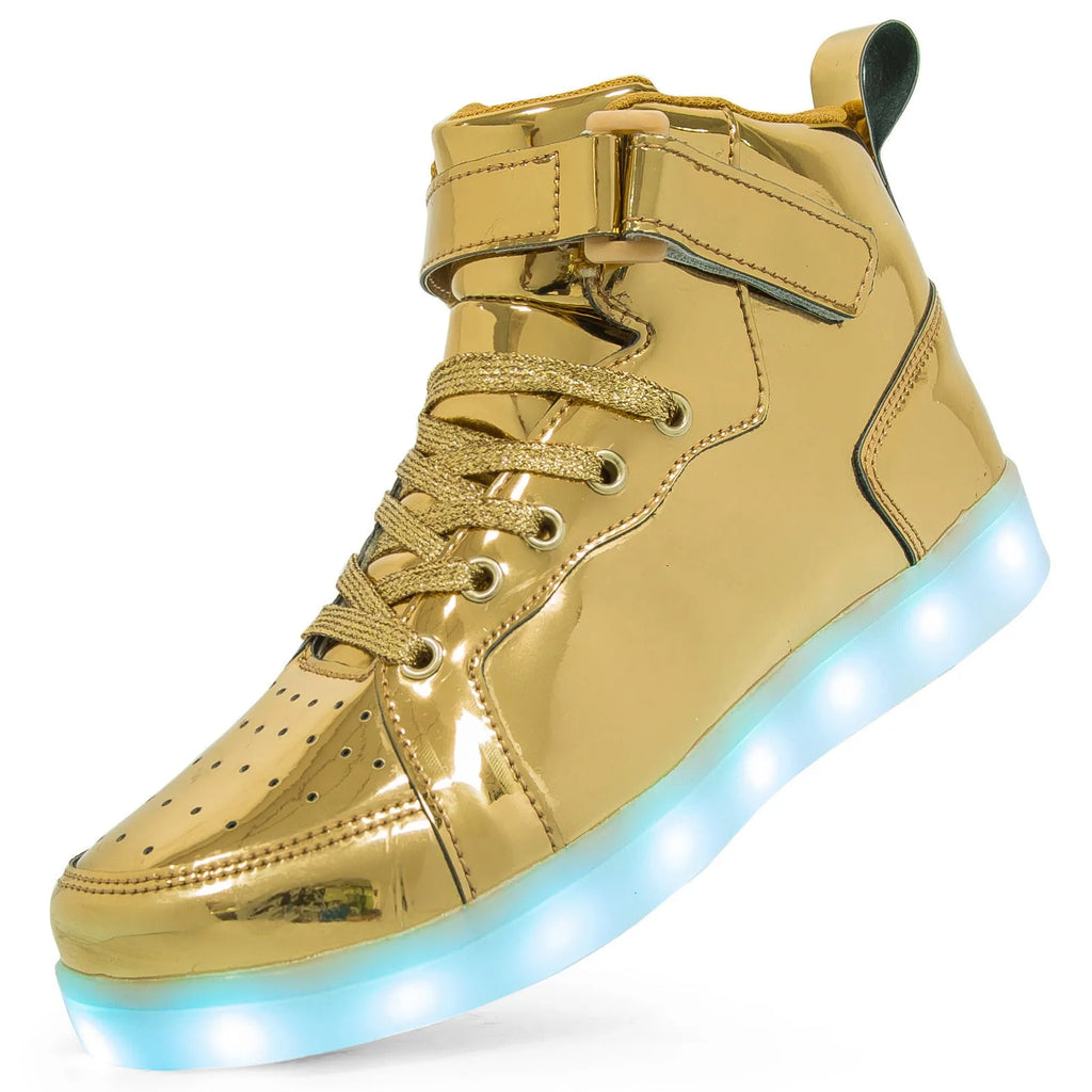 Man and woman wearing black and white high-top LED light-up sneakers with illuminated soles at an event.