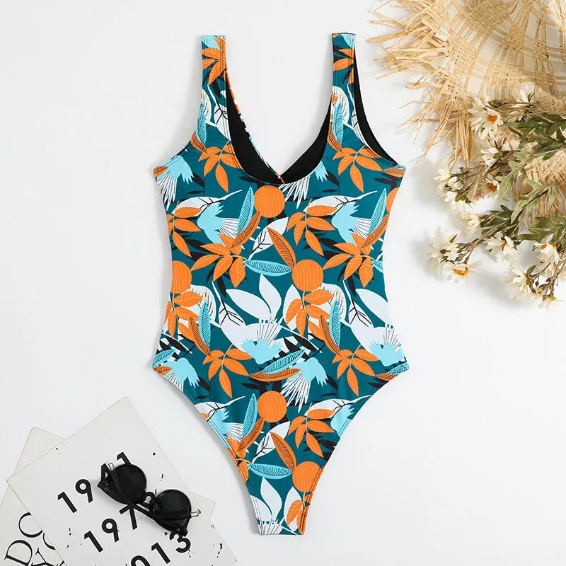 Women's high-waist one-piece bikini swimsuit with printed pattern design
