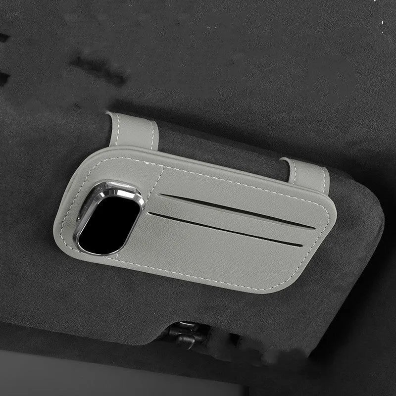 Cowhide leather automotive sun visor card holder with glasses clip in multiple colour options