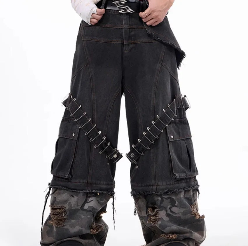 Men's grey and camouflage cotton jeans with splicing panel design and pin ribbon details.
