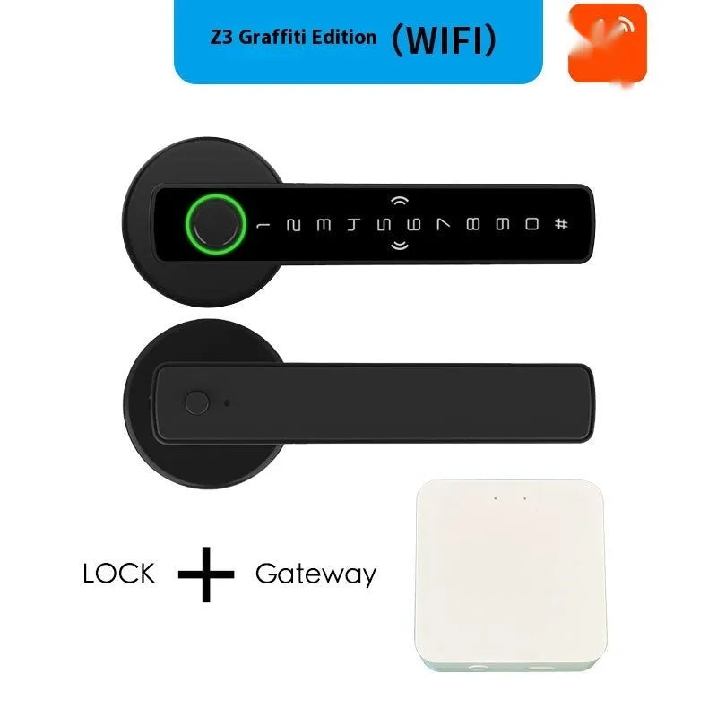 Black spherical handle smart door lock with fingerprint scanner and keyhole for wooden interior doors