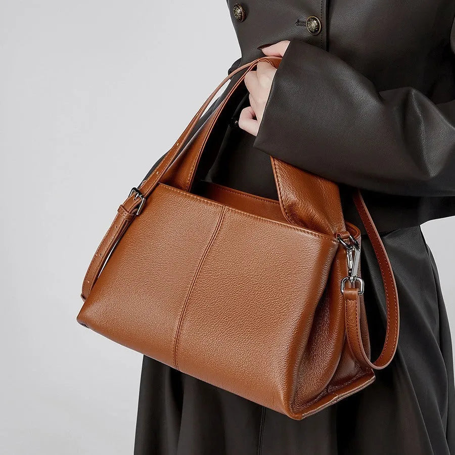 Women's genuine cowhide leather messenger bag with double shoulder straps in horizontal square shape